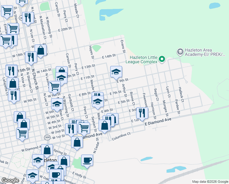 map of restaurants, bars, coffee shops, grocery stores, and more near 400-420 East 6th Street in Hazleton