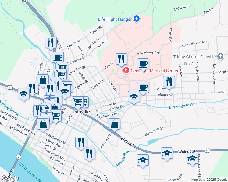 map of restaurants, bars, coffee shops, grocery stores, and more near 515 Bloom Street in Danville