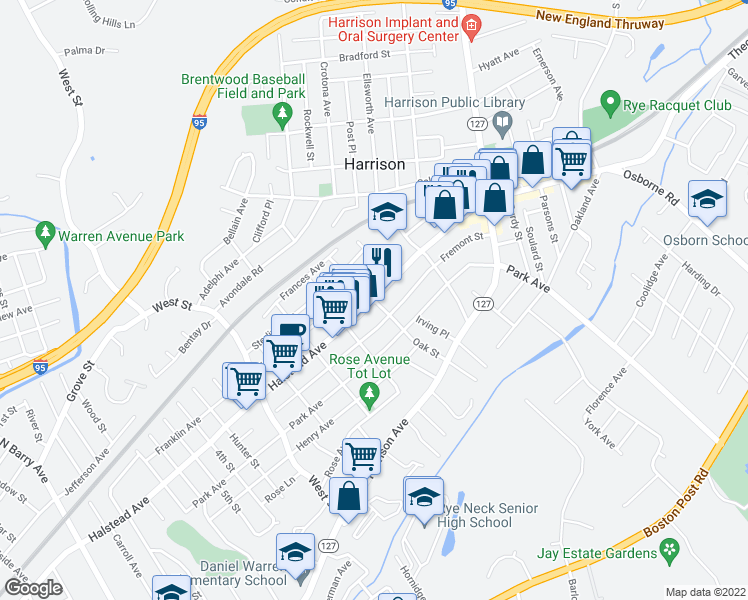 map of restaurants, bars, coffee shops, grocery stores, and more near Halstead Avenue & Oak Street in Harrison