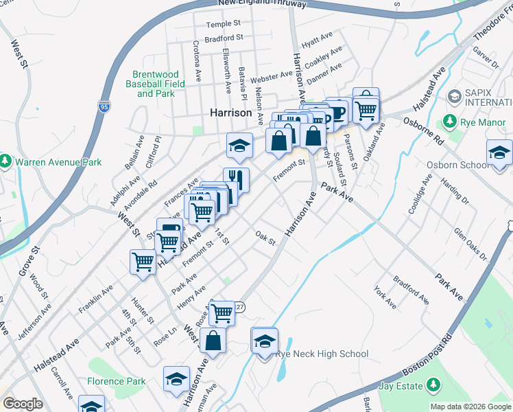 map of restaurants, bars, coffee shops, grocery stores, and more near 134 Park Avenue in Harrison