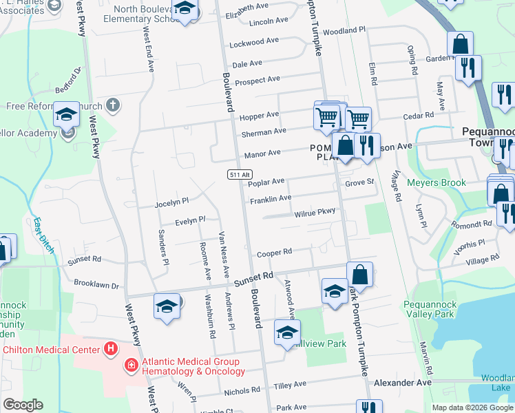 map of restaurants, bars, coffee shops, grocery stores, and more near 270 Boulevard in Pequannock Township