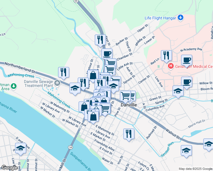 map of restaurants, bars, coffee shops, grocery stores, and more near 516 Mill Street in Danville