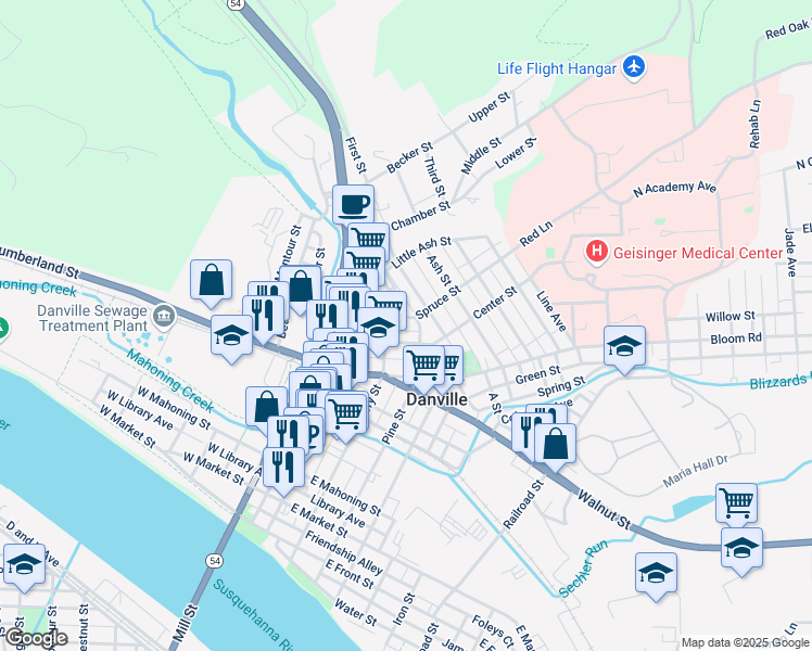 map of restaurants, bars, coffee shops, grocery stores, and more near 138 Spruce Street in Danville