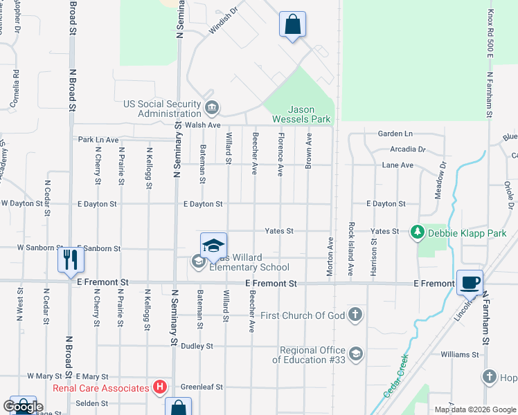 map of restaurants, bars, coffee shops, grocery stores, and more near 1400-1498 Florence Ave in Galesburg