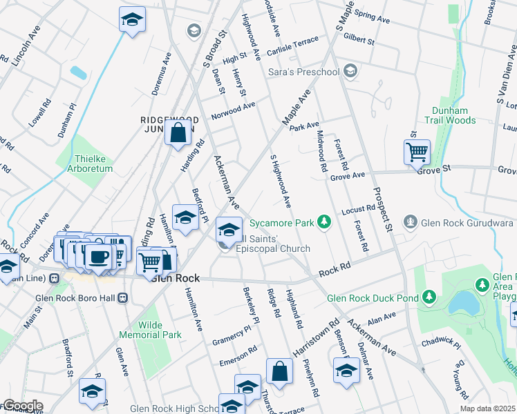map of restaurants, bars, coffee shops, grocery stores, and more near 463 Ackerman Avenue in Glen Rock