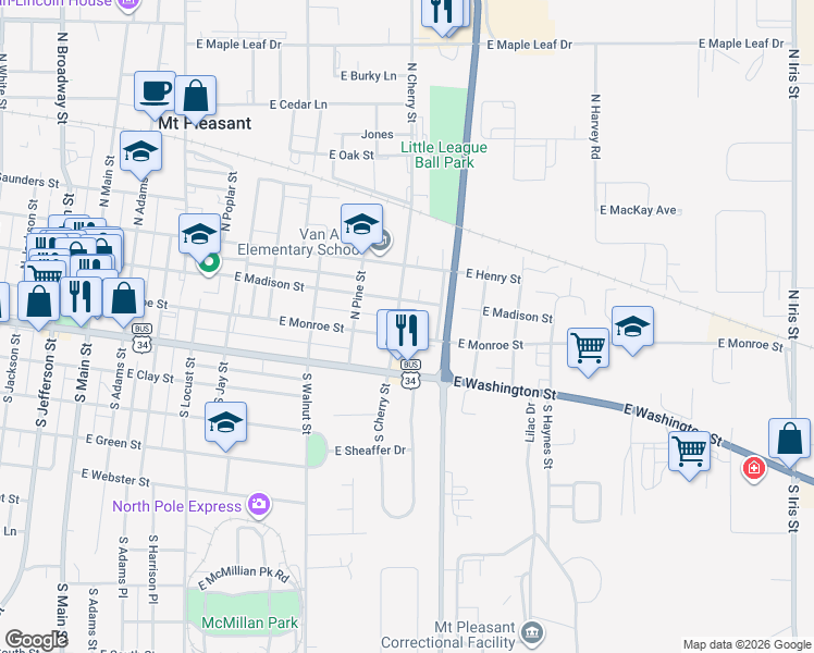 map of restaurants, bars, coffee shops, grocery stores, and more near 901 East Washington Street in Mount Pleasant
