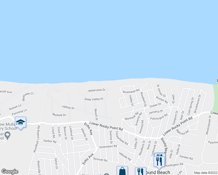 map of restaurants, bars, coffee shops, grocery stores, and more near 47 Waterview Drive in Sound Beach