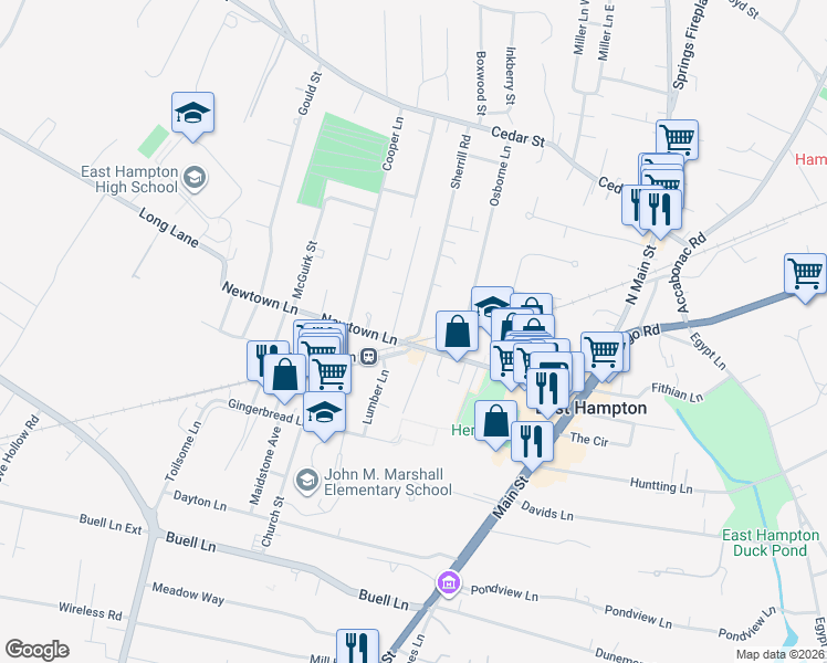 map of restaurants, bars, coffee shops, grocery stores, and more near 7 Railroad Avenue in East Hampton