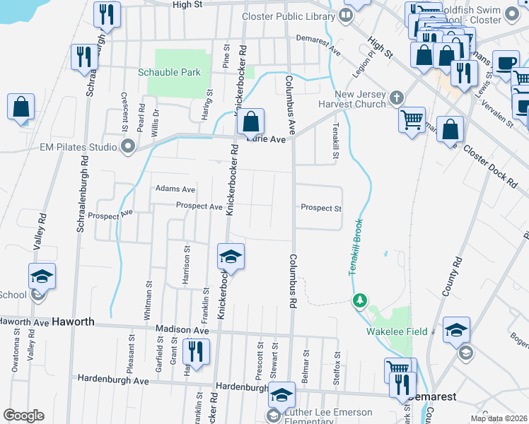 map of restaurants, bars, coffee shops, grocery stores, and more near 146 Woodland Road in Demarest
