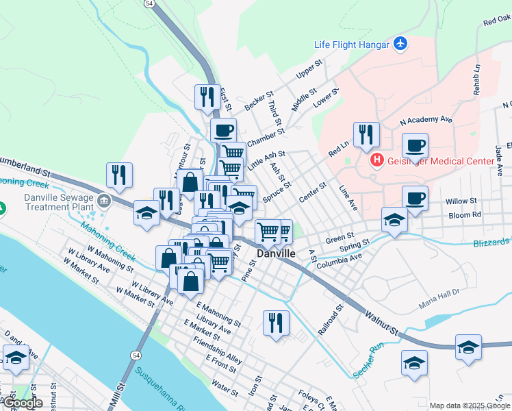 map of restaurants, bars, coffee shops, grocery stores, and more near 138 Spruce Street in Danville