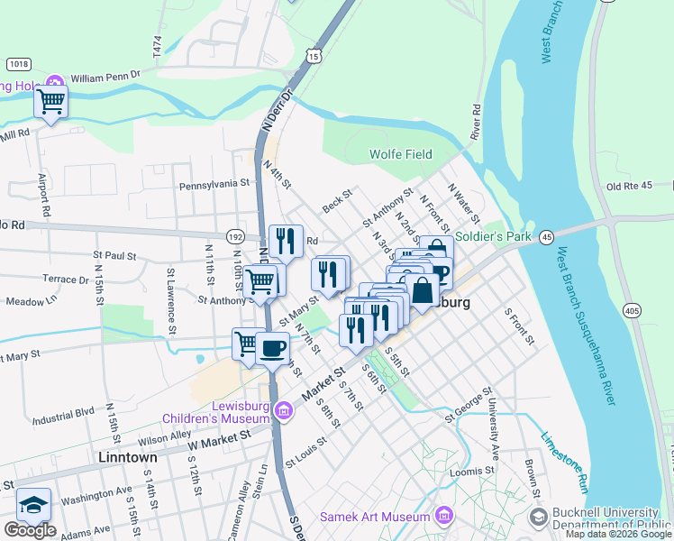 map of restaurants, bars, coffee shops, grocery stores, and more near 118 1/2 North 5th Street in Lewisburg