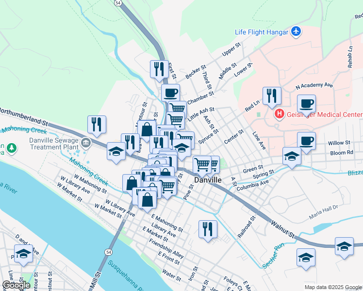 map of restaurants, bars, coffee shops, grocery stores, and more near 54 Spruce Street in Danville