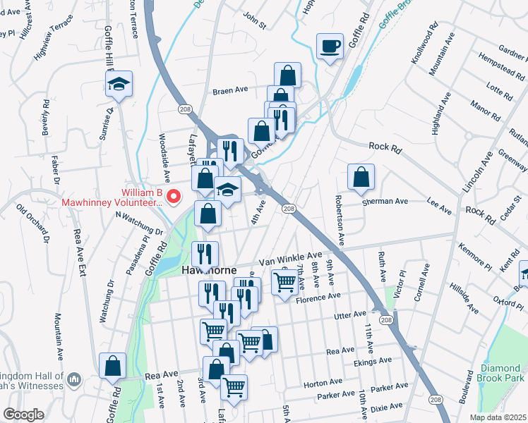 map of restaurants, bars, coffee shops, grocery stores, and more near 111 Ethel Avenue in Hawthorne