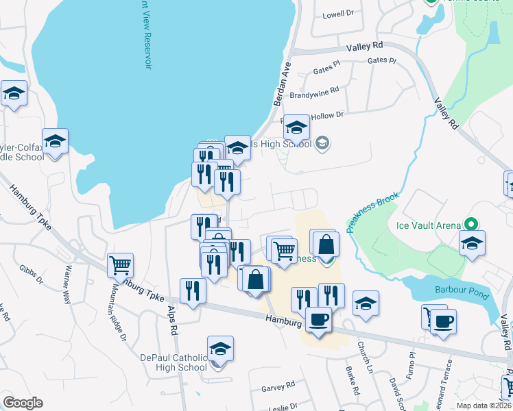 map of restaurants, bars, coffee shops, grocery stores, and more near 420 Brittany Drive in Wayne