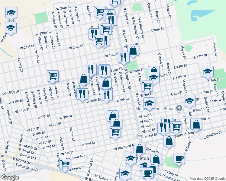 map of restaurants, bars, coffee shops, grocery stores, and more near 332 West 10th Street in Hazleton