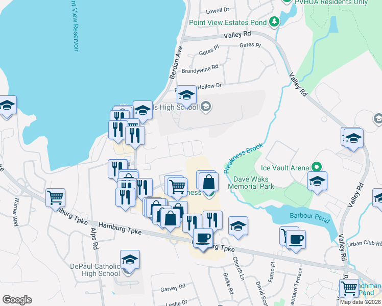 map of restaurants, bars, coffee shops, grocery stores, and more near 8012 Brittany Drive in Wayne