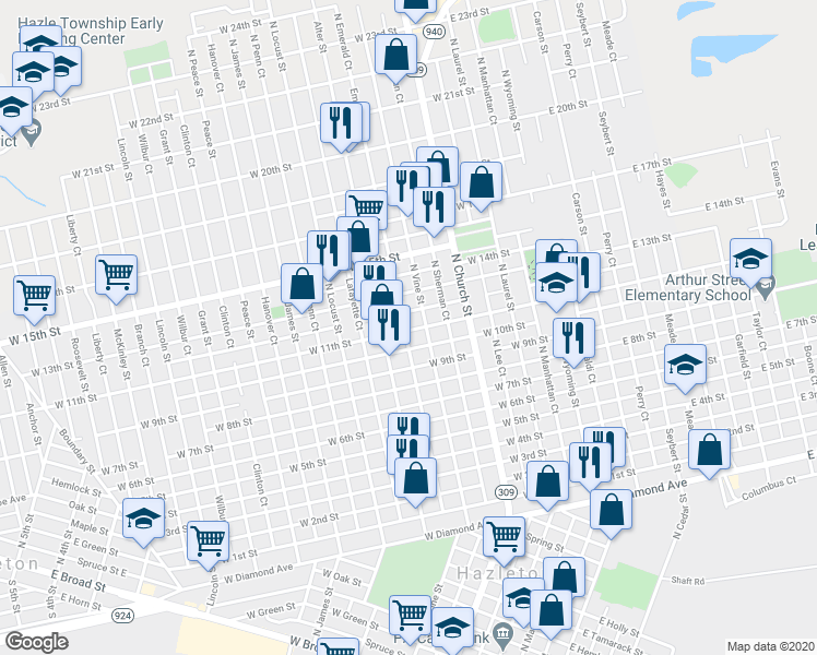 map of restaurants, bars, coffee shops, grocery stores, and more near 315 West 11th Street in Hazleton