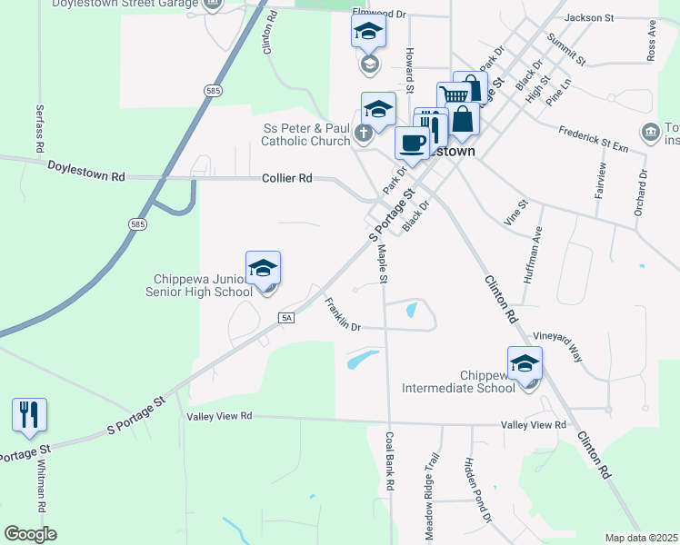 map of restaurants, bars, coffee shops, grocery stores, and more near 466 South Portage Street in Doylestown