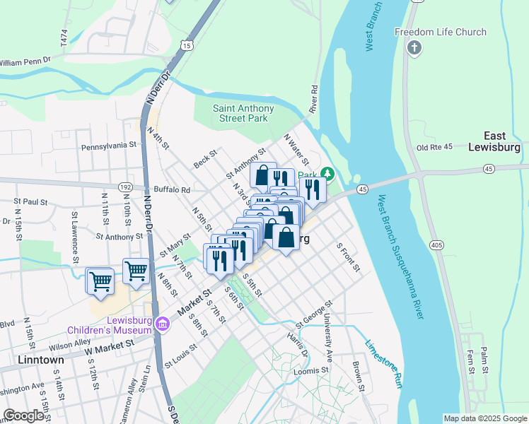 map of restaurants, bars, coffee shops, grocery stores, and more near 50 North 3rd Street in Lewisburg