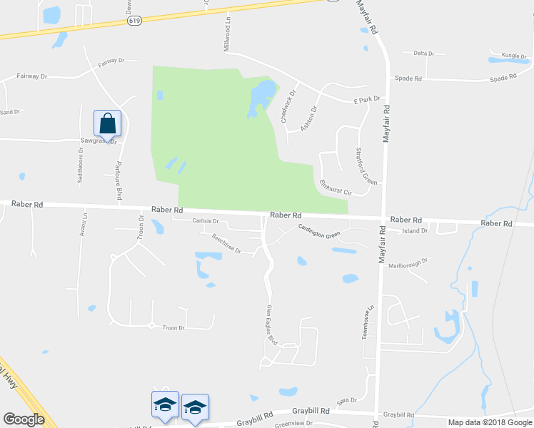 map of restaurants, bars, coffee shops, grocery stores, and more near Raber Road in Uniontown