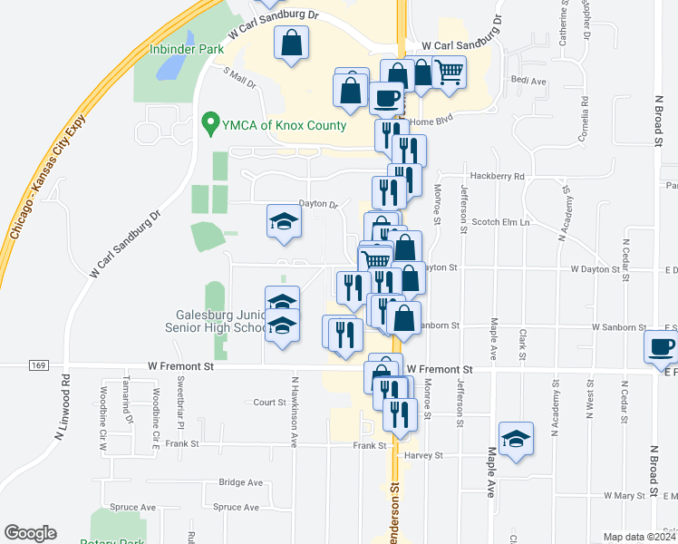 map of restaurants, bars, coffee shops, grocery stores, and more near 900 West Dayton Street in Galesburg
