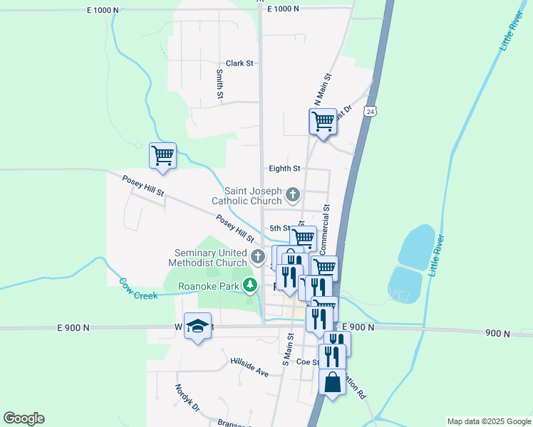 map of restaurants, bars, coffee shops, grocery stores, and more near 584 Seminary Street in Roanoke