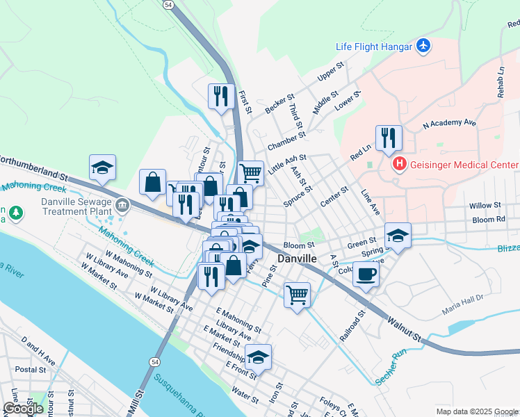 map of restaurants, bars, coffee shops, grocery stores, and more near 58 Spruce Street in Danville