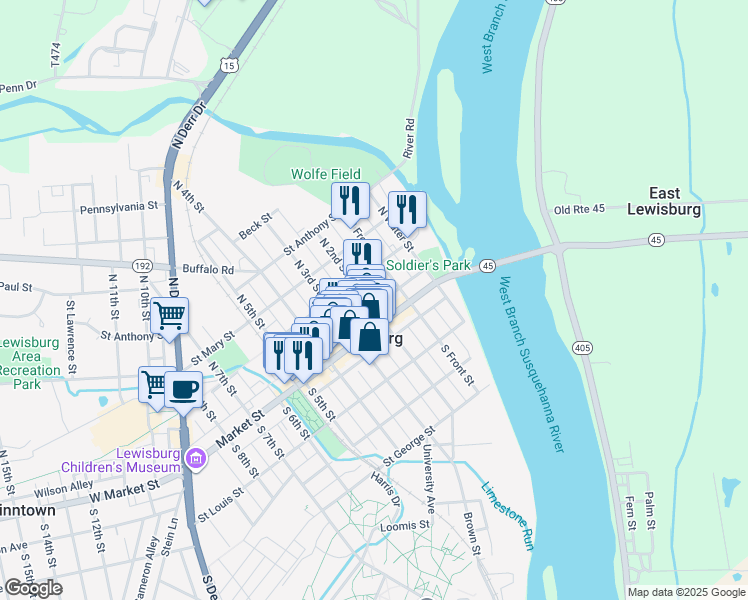 map of restaurants, bars, coffee shops, grocery stores, and more near Chestnut Tree Alley in Lewisburg