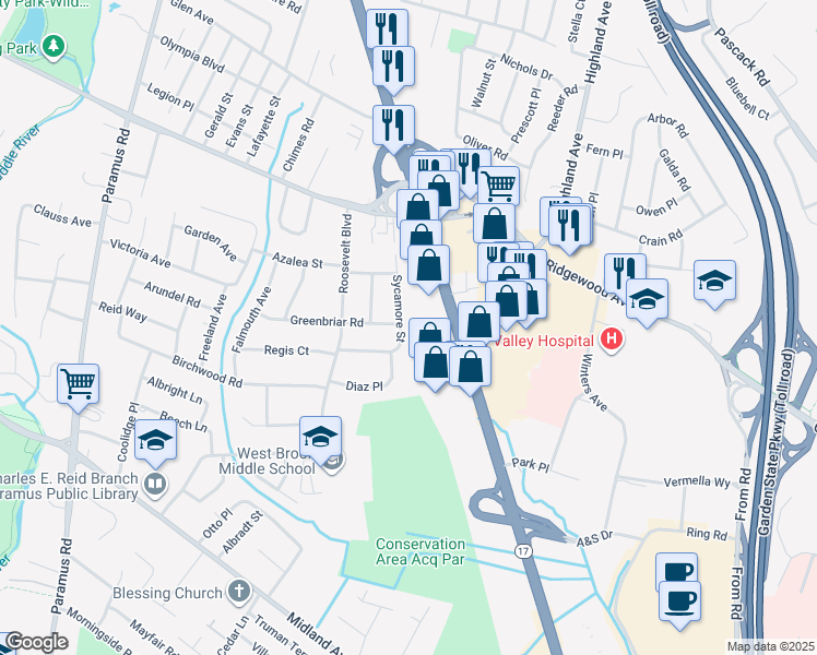 map of restaurants, bars, coffee shops, grocery stores, and more near 669 New Jersey 17 in Paramus