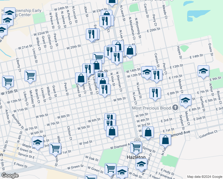 map of restaurants, bars, coffee shops, grocery stores, and more near 317 West 11th Street in Hazleton
