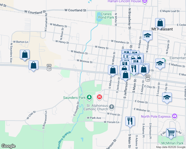 map of restaurants, bars, coffee shops, grocery stores, and more near 148-168 S Marion St in Mt Pleasant
