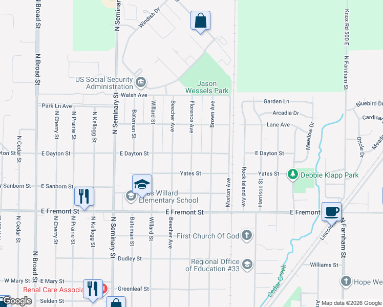 map of restaurants, bars, coffee shops, grocery stores, and more near 1498 Florence Ave in Galesburg