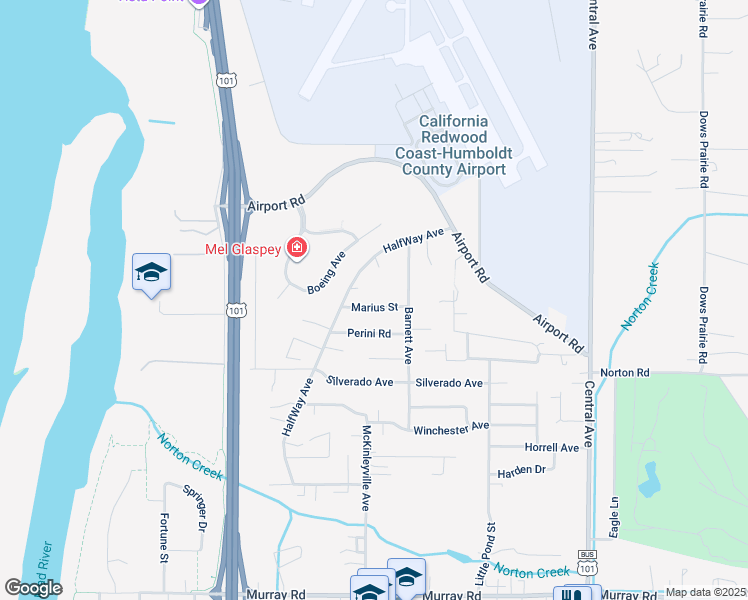 map of restaurants, bars, coffee shops, grocery stores, and more near 1106 Jefferson Street in McKinleyville