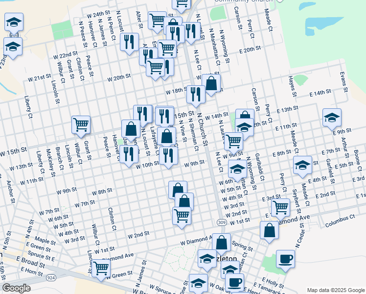 map of restaurants, bars, coffee shops, grocery stores, and more near 741-743 Alter Street in Hazleton