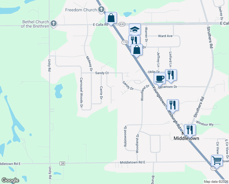 map of restaurants, bars, coffee shops, grocery stores, and more near 170 Sandy Court in New Middletown