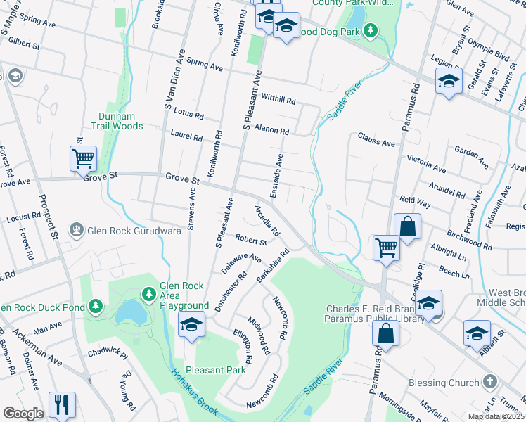 map of restaurants, bars, coffee shops, grocery stores, and more near 637 Arcadia Road in Ridgewood