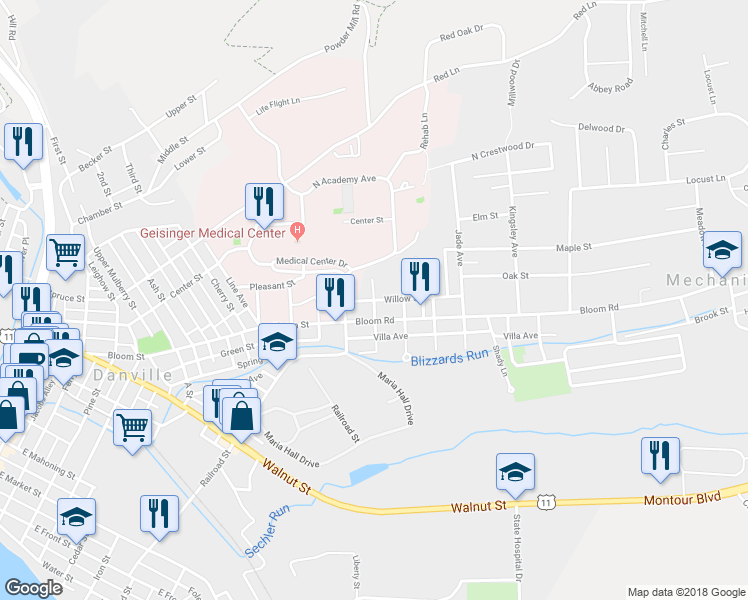 map of restaurants, bars, coffee shops, grocery stores, and more near 100 North Glenbrook Street in Danville