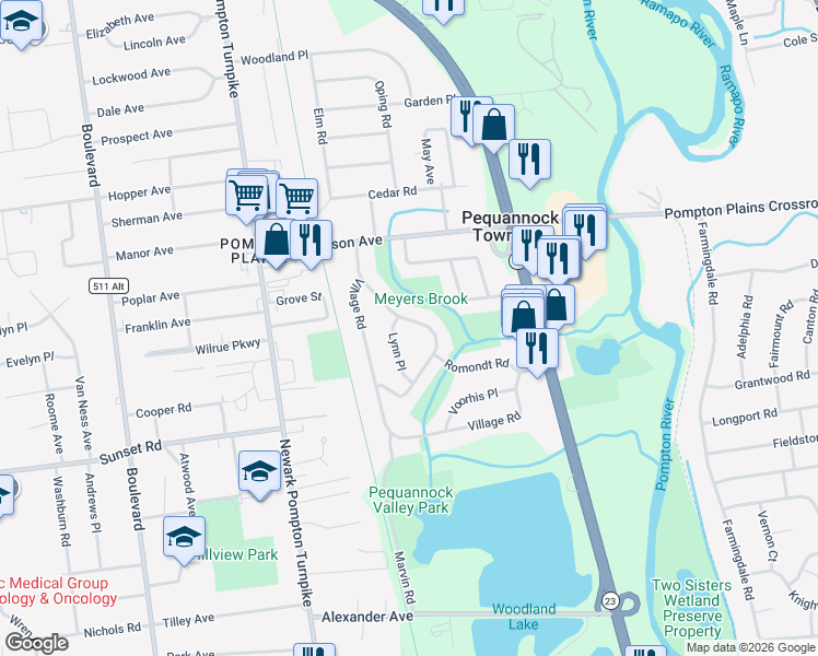 map of restaurants, bars, coffee shops, grocery stores, and more near 11 Brookside Avenue in Pequannock Township