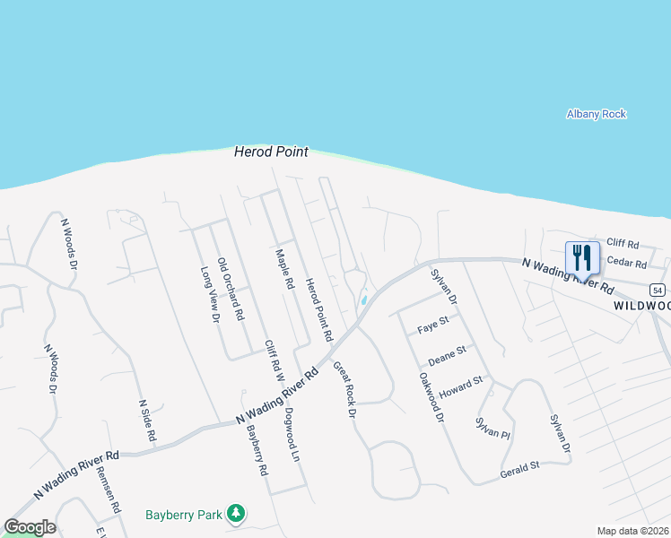 map of restaurants, bars, coffee shops, grocery stores, and more near 84 Beach Road in Wading River
