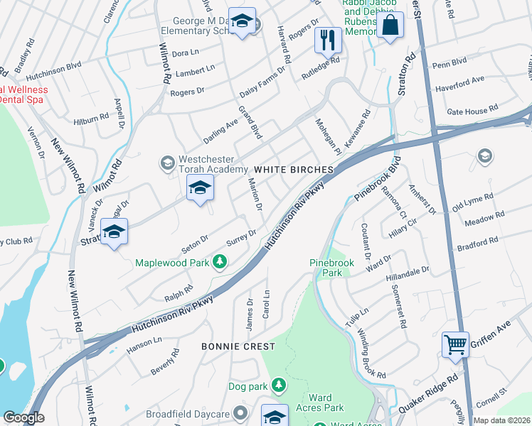 map of restaurants, bars, coffee shops, grocery stores, and more near 58 Marion Drive in New Rochelle