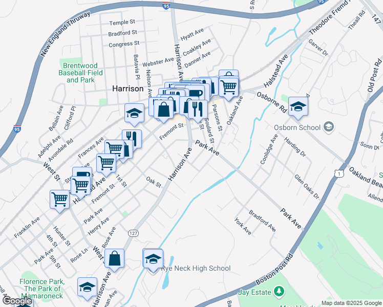 map of restaurants, bars, coffee shops, grocery stores, and more near 186 Harrison Avenue in Harrison