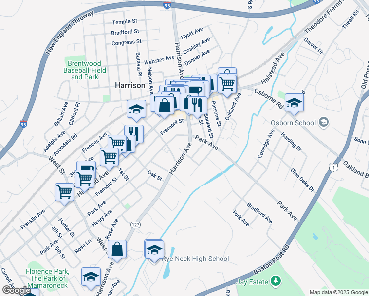 map of restaurants, bars, coffee shops, grocery stores, and more near 186 Harrison Avenue in Harrison