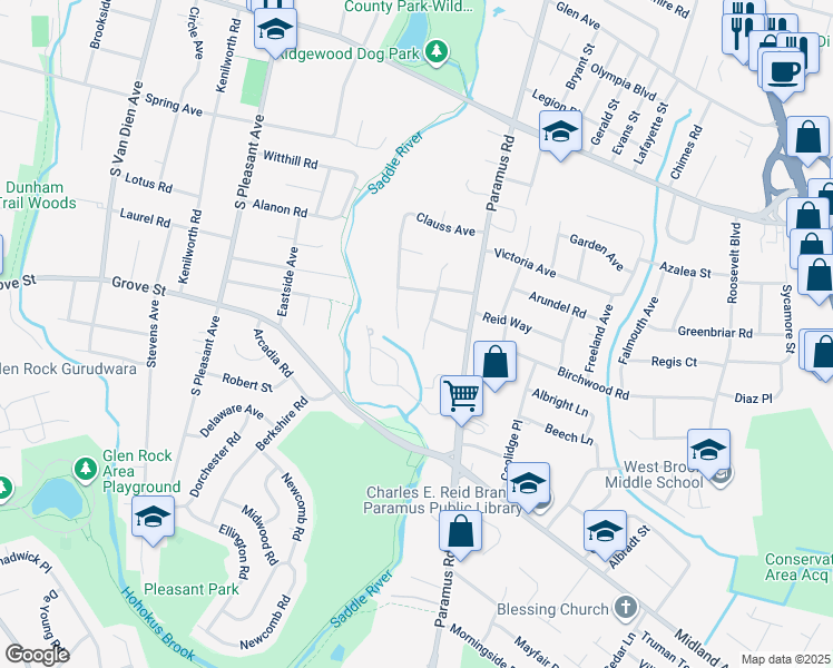 map of restaurants, bars, coffee shops, grocery stores, and more near 593 Mazur Avenue in Paramus