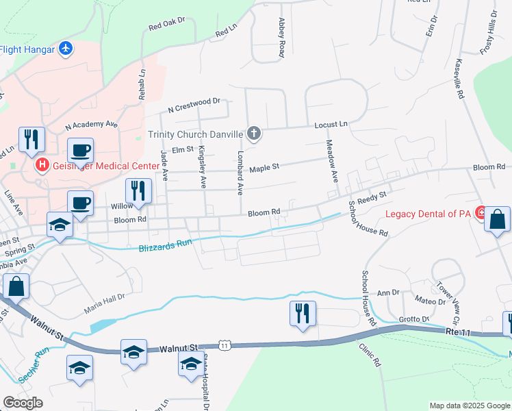 map of restaurants, bars, coffee shops, grocery stores, and more near 200-224 Oak Street in Danville