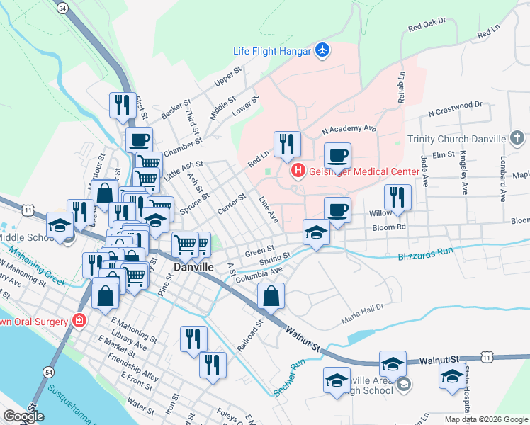 map of restaurants, bars, coffee shops, grocery stores, and more near 618 Pleasant Street in Danville