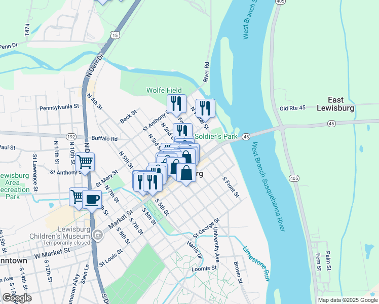 map of restaurants, bars, coffee shops, grocery stores, and more near Chestnut Tree Alley in Lewisburg