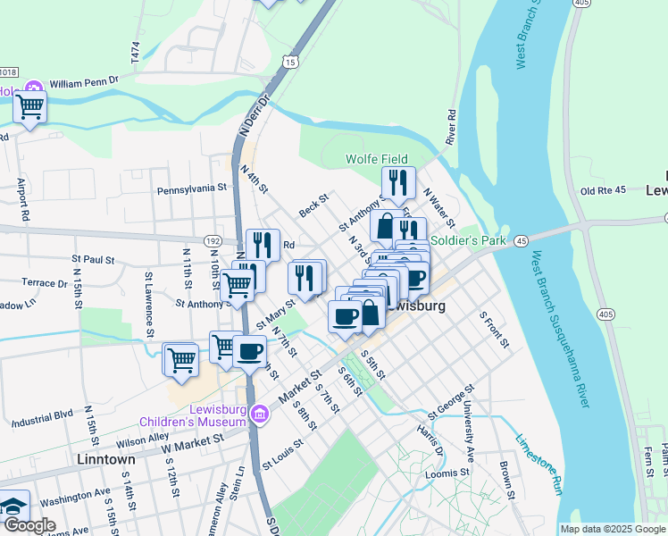 map of restaurants, bars, coffee shops, grocery stores, and more near 1 Buffalo Road in Lewisburg