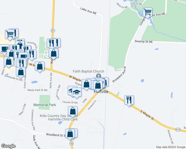 map of restaurants, bars, coffee shops, grocery stores, and more near 239 Lake Avenue Northeast in Hartville