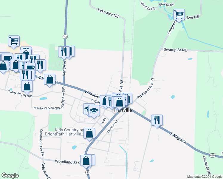 map of restaurants, bars, coffee shops, grocery stores, and more near 239 Lake Avenue Northeast in Hartville