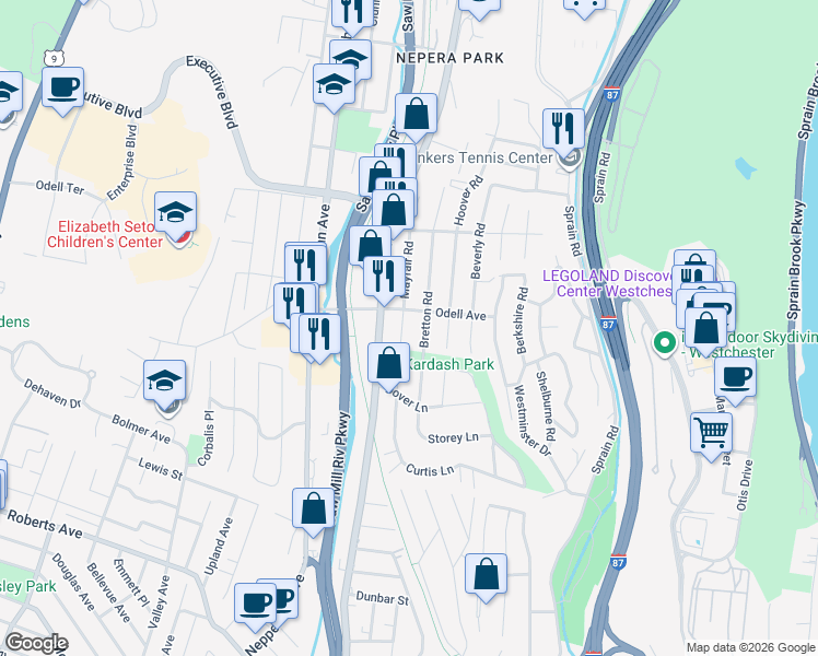 map of restaurants, bars, coffee shops, grocery stores, and more near 586 Odell Avenue in Yonkers